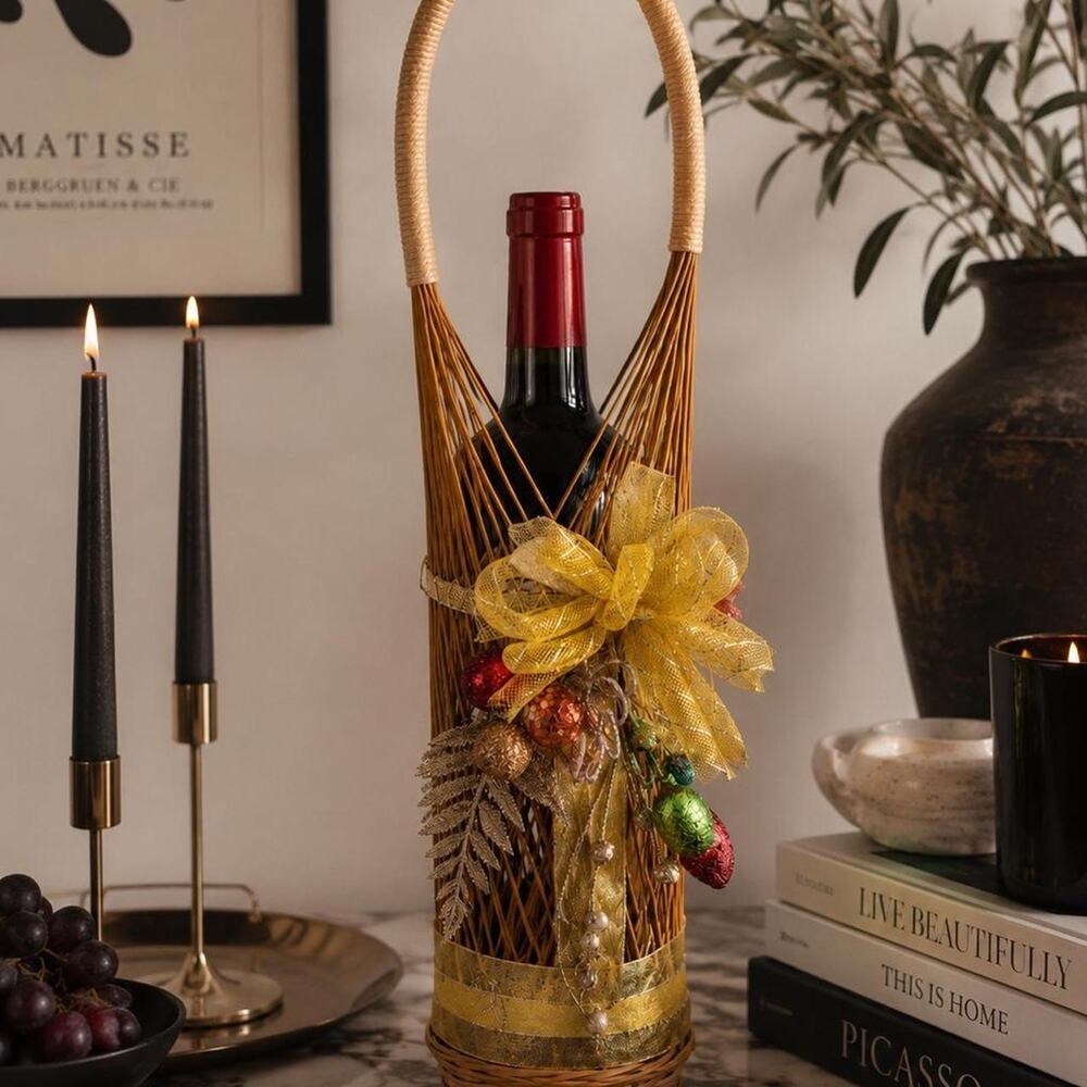 Vintage Wicker Wine Bottle Carrier Basket Holiday Decor